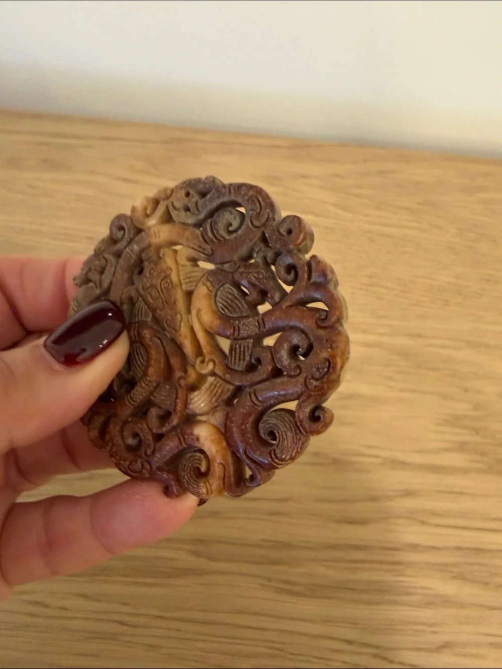 Hand-Carved Stone Thai  Decorative disc in Earthy Brown and Cream